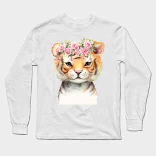 Baby Tiger With Pink Floral Crown Long Sleeve T-Shirt